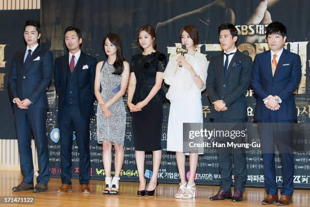 South Korean actors Lee Hyun-Jin, Ryu Seung-Soo, Yoon Seung-A, Jang Shin-Young, Lee Yo-Won, Ko Soo and Son Hyun-Joo attend during the SBS Drama...