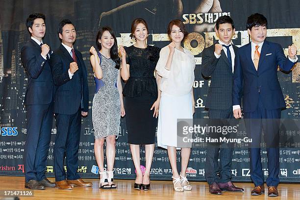 South Korean actors Lee Hyun-Jin, Ryu Seung-Soo, Yoon Seung-A, Jang Shin-Young, Lee Yo-Won, Ko Soo and Son Hyun-Joo attend during the SBS Drama...