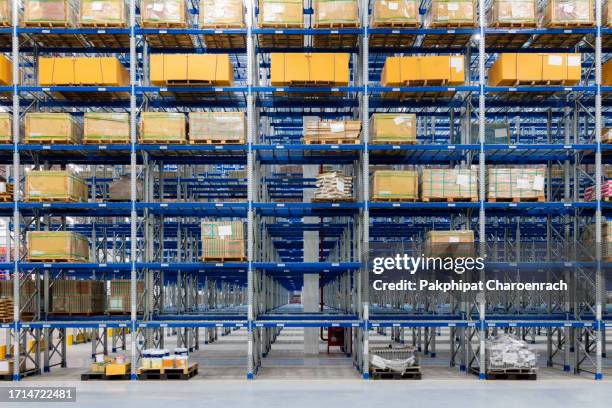 large hangar warehouse of industrial and logistics companies. long shelves with a variety of boxes. - sala de armazenamento imagens e fotografias de stock