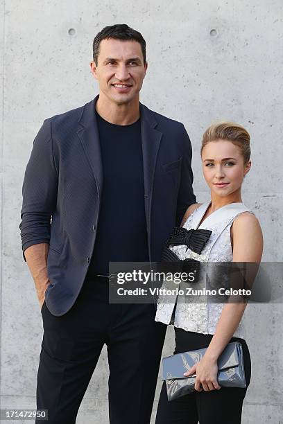 Hayden Panettiere and Wladimir Klitschko attend the Giorgio Armani show during Milan Menswear Fashion Week Spring Summer 2014 on June 25, 2013 in...