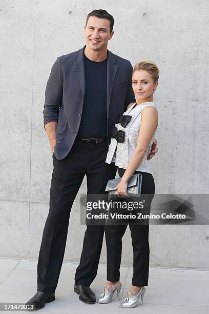 Hayden Panettiere and Wladimir Klitschko attend the Giorgio Armani show during Milan Menswear Fashion Week Spring Summer 2014 on June 25, 2013 in...
