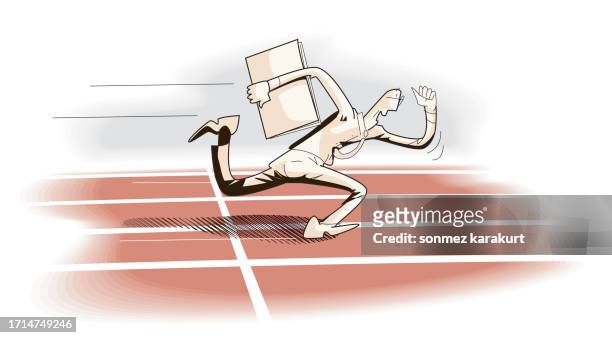 businessman runs on a jogging track with files in his hand - track and field vector stock illustrations