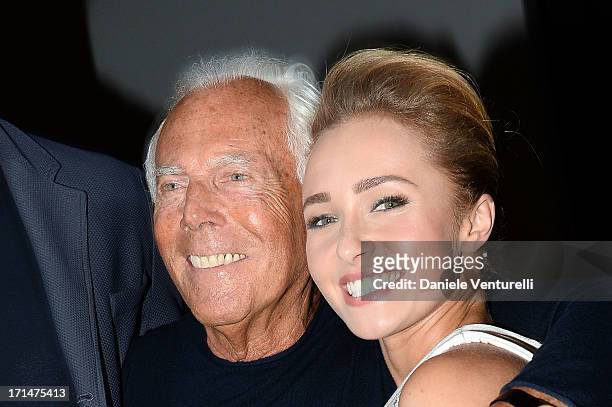 Giorgio Armani and Hayden Panettiere pose after the Giorgio Armani show during Milan Menswear Fashion Week Spring Summer 2014 on June 25, 2013 in...