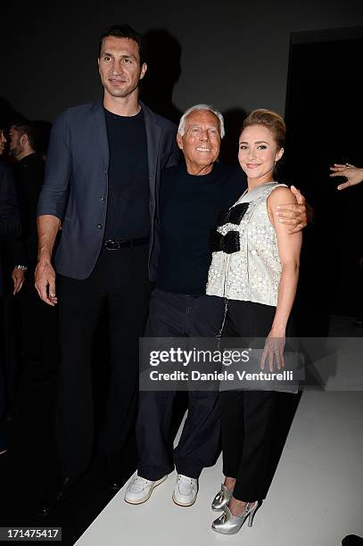 Wladimir Klitschko, Giorgio Armani and Hayden Panettiere pose after the Giorgio Armani show during Milan Menswear Fashion Week Spring Summer 2014 on...