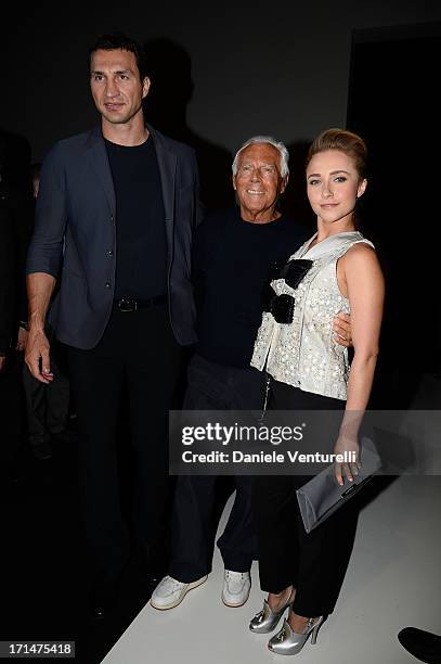 Wladimir Klitschko, Giorgio Armani and Hayden Panettiere pose after the Giorgio Armani show during Milan Menswear Fashion Week Spring Summer 2014 on...