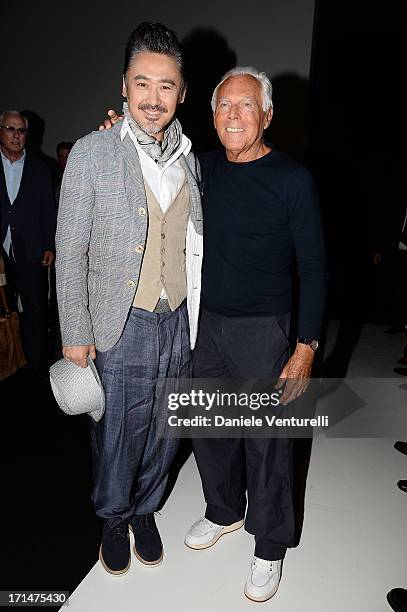 Wu Xiubo and Giorgio Armani pose after the Giorgio Armani show during Milan Menswear Fashion Week Spring Summer 2014 on June 25, 2013 in Milan, Italy.