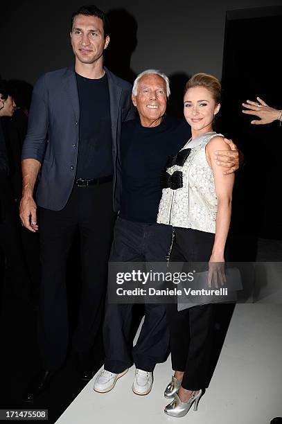 Hayden Panettiere, Giorgio Armani and Wladimir Klitschko attend the Giorgio Armani show during Milan Menswear Fashion Week Spring Summer 2014 on June...