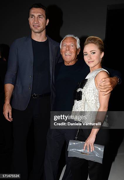 Hayden Panettiere, Giorgio Armani and Wladimir Klitschko attend the Giorgio Armani show during Milan Menswear Fashion Week Spring Summer 2014 on June...