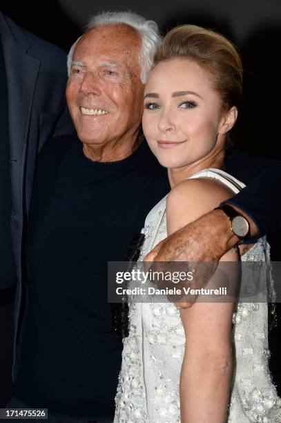 Hayden Panettiere, Giorgio Armani and Wladimir Klitschko attend the Giorgio Armani show during Milan Menswear Fashion Week Spring Summer 2014 on June...