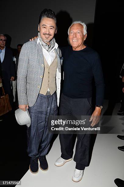 Wu Xiubo and Giorgio Armani attend the Giorgio Armani show during Milan Menswear Fashion Week Spring Summer 2014 on June 25, 2013 in Milan, Italy.