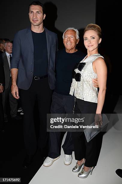 Hayden Panettiere, Giorgio Armani and Wladimir Klitschko attend the Giorgio Armani show during Milan Menswear Fashion Week Spring Summer 2014 on June...