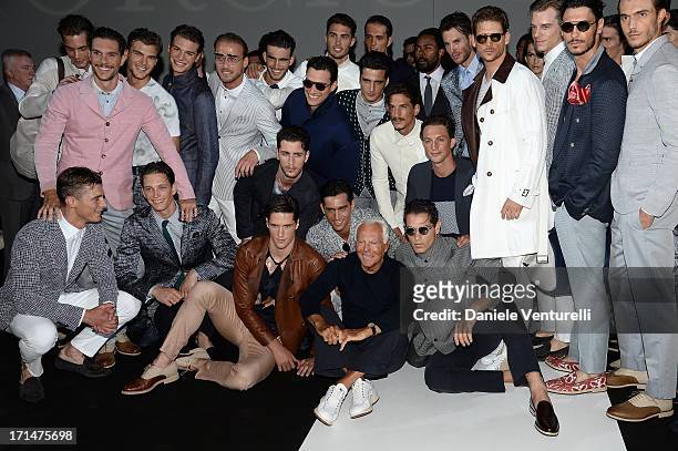 Giorgio Armani and models attend the Giorgio Armani show during Milan Menswear Fashion Week Spring Summer 2014 on June 25, 2013 in Milan, Italy.