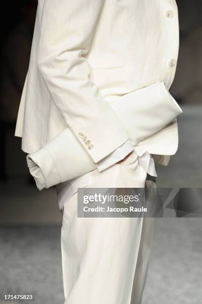 Model walks the runway at the Z Zegna show during Milan Menswear Fashion Week Spring Summer 2014 on June 25, 2013 in Milan, Italy.