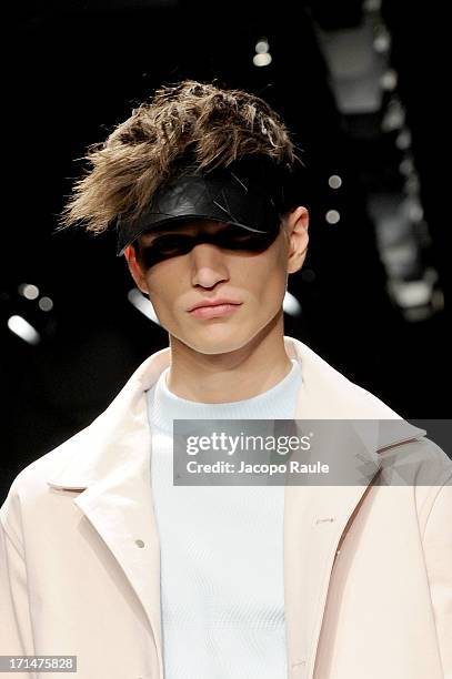 Model walks the runway at the Z Zegna show during Milan Menswear Fashion Week Spring Summer 2014 on June 25, 2013 in Milan, Italy.