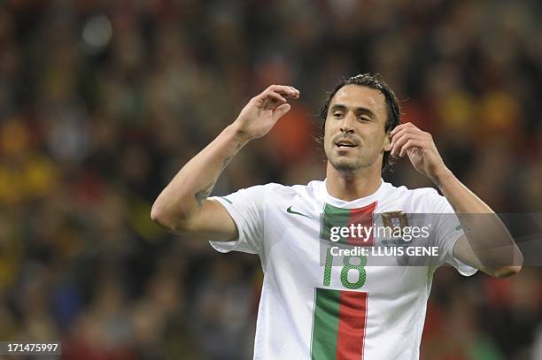 Portugal's striker Hugo Almeida reacts to missing a shot during the 2010 World Cup round of 16 football match Spain vs. Portugal on June 29, 2010 at...