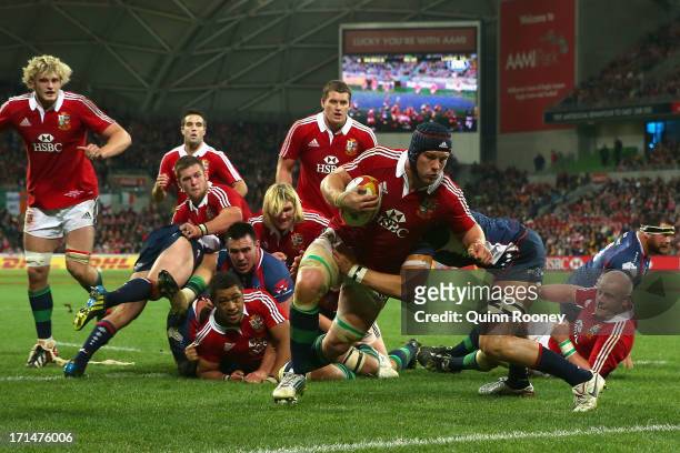 Sean O'Brien of the Lions scores a try during the International Tour Match between the Melbourne Rebels and the British & Irish Lions at AAMI Park on...