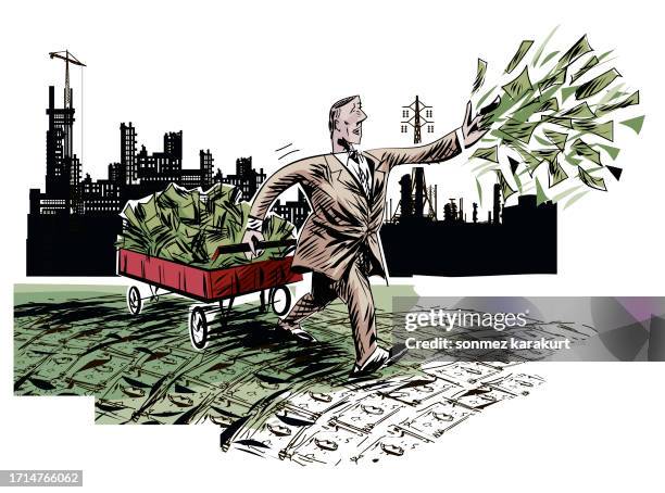 print - cash wheelbarrow stock illustrations