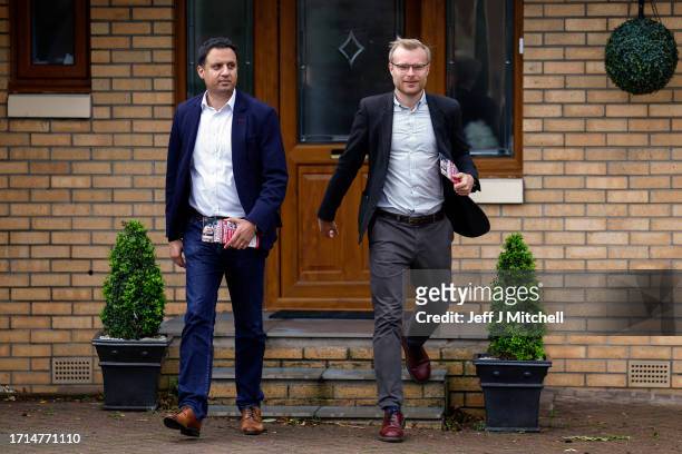 Scottish Labour leader Anas Sarwar and Scottish Labour candidate for Rutherglen and Hamilton West Michael Shanks campaign on October 03, 2023 in...
