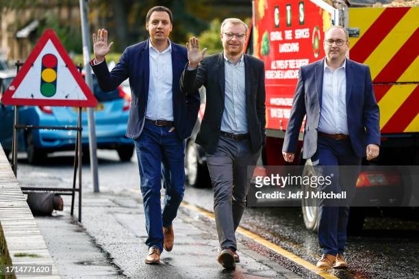 Scottish Labour leader Anas Sarwar and Scottish Labour candidate for Rutherglen and Hamilton West Michael Shanks campaign on October 03, 2023 in...
