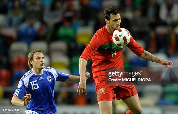 Portugal's forward Hugo Almeida vies with Finland's Markus Heikinen during the friendly football match Portugal vs Finland at the Municipal Stadium...