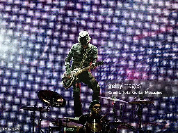 Frank Ferrer DJ Ashba of American hard rock band Guns N Roses, performing live onstage at the LG Arena, May 26, 2012.