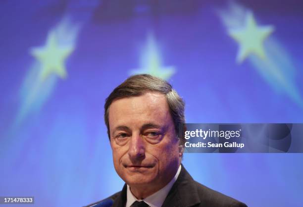Mario Draghi, president of the European Central Bank , speaks at the 2013 German Economic Council conference on June 25, 2013 in Berlin, Germany. The...
