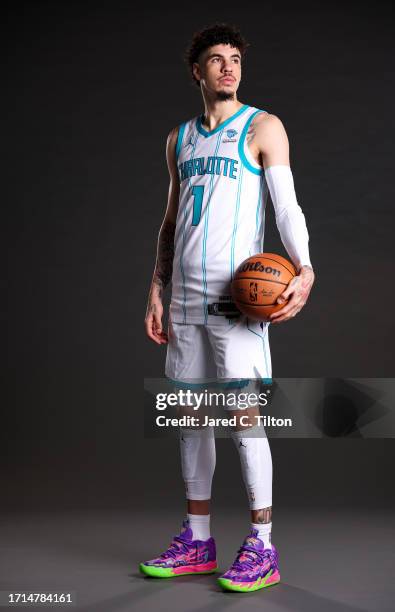 LaMelo Ball of the Charlotte Hornets poses for a portrait during Charlotte Hornets Media Day at Spectrum Center on October 02, 2023 in Charlotte,...