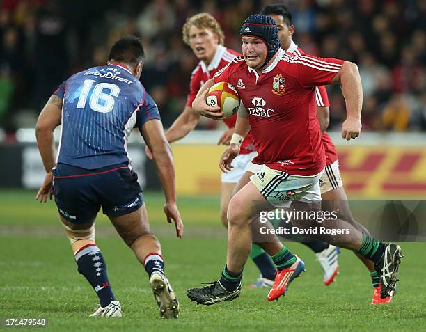 Matt Stevens of the Lions takes on Pat Leafa during the International Tour Match between the Melbourne Rebels and the British & Irish Lions at AAMI...