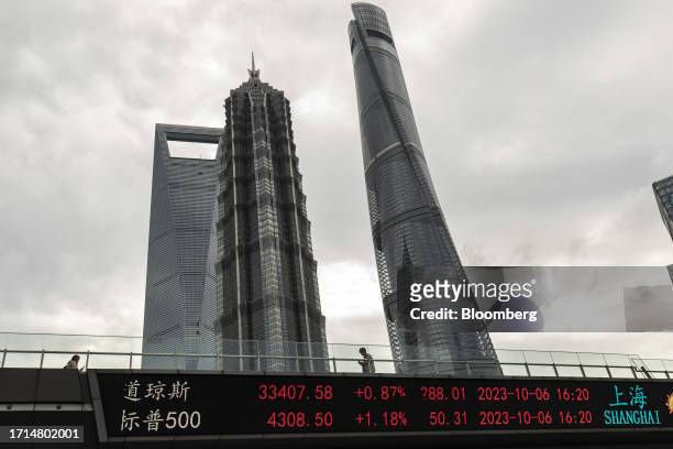 An electronic ticker displays stock figures in Pudong's Lujiazui Financial District in Shanghai, China, on Monday, Oct. 9, 2023. Chinese stocks edged...