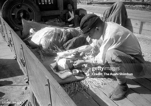 An atomic bomb surviver is given a rice ball as she is carried by a truck to suburb of Hiroshima as their injuries seem not serious than others, on...