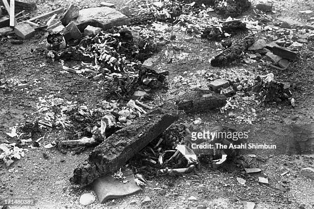 Bones and ashes left after cremation of Nagasaki atomic bomb victims in August 1945 in Nagasaki, Japan. The world's first atomic bomb was dropped on...