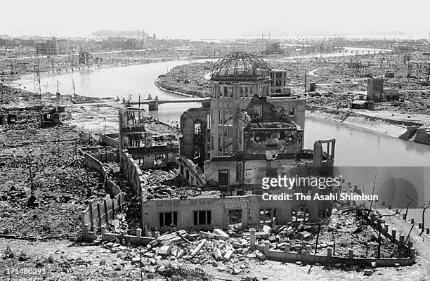 Atomic Dome, formerly called Hiroshima Prefectural Industrial Promotion Hall, 260 meters from the Hiroshima atomic bomb epicenter, is seen in...