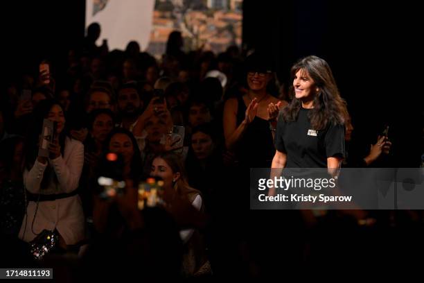 Designer Virginie Viard acknowledges the audience during the Chanel Womenswear Spring/Summer 2024 show as part of Paris Fashion Week on October 03,...