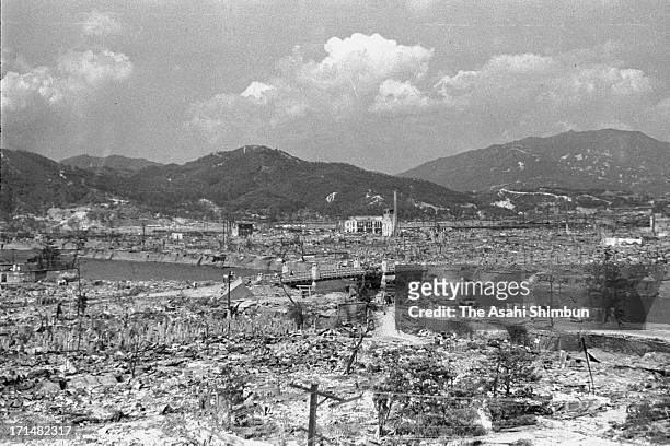 Hiroshima city general view from Hiroshima Higashi Police Station on August 10, 1945 in Hiroshima, Japan. The world's first atomic bomb was dropped...