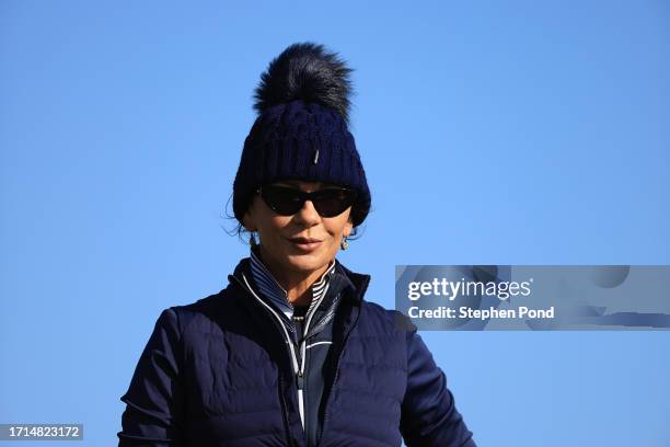 Catherine Zeta-Jones looks across the sixth hole during a practice round prior to the Alfred Dunhill Links Championship at Kingsbarns Golf Links on...