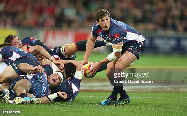 Luke Burgess of the Rebels passes the ball during the International Tour Match between the Melbourne Rebels and the British & Irish Lions at AAMI...