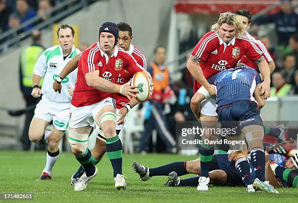 Sean O'Brien of the Lions breaks with the ball during the International Tour Match between the Melbourne Rebels and the British & Irish Lions at AAMI...