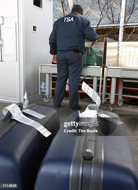 An airport security screener collects luggage samplings at a curb-side baggage check-in to later input into an Explosives Trace Detection device...