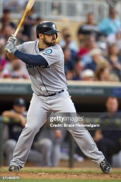Kelly Shoppach of the Seattle Mariners bats against the Minnesota Twins on June 1, 2013 at Target Field in Minneapolis, Minnesota. The Twins defeated...