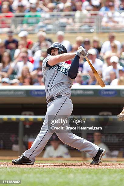 Kelly Shoppach of the Seattle Mariners bats against the Minnesota Twins on June 1, 2013 at Target Field in Minneapolis, Minnesota. The Twins defeated...
