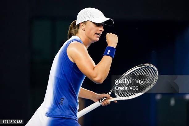 Iga Swiatek of Poland reacts in the Women's Singles Round of 32 match against Varvara Gracheva of France on day eight of 2023 China Open at the...