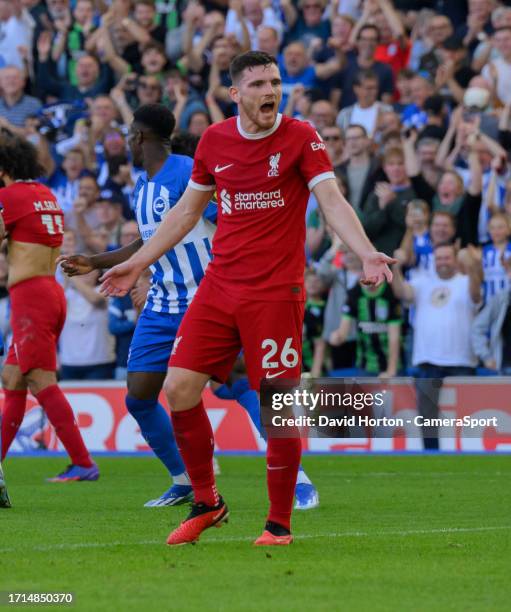 Liverpool's Andrew Robertson shows he frustration after Liverpool concede a 2nd goal to level the score 2-2 during the Premier League match between...