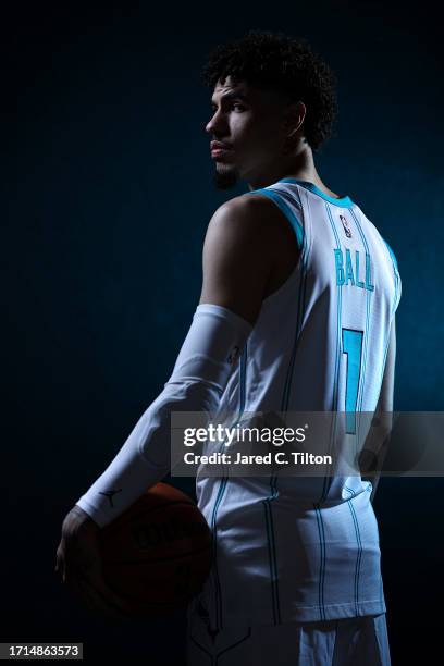 LaMelo Ball of the Charlotte Hornets poses for a portrait during Charlotte Hornets Media Day at Spectrum Center on October 02, 2023 in Charlotte,...