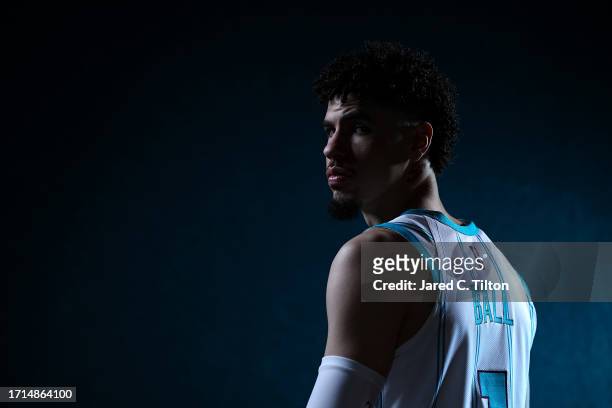 LaMelo Ball of the Charlotte Hornets poses for a portrait during Charlotte Hornets Media Day at Spectrum Center on October 02, 2023 in Charlotte,...