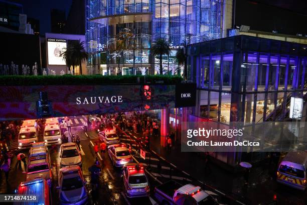 View of the Siam Paragon mall, in the busy Siam area, as a shooting incident was still ongoing inside on October 03, 2023 in Bangkok, Thailand. A man...