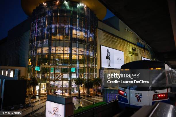 View of the Siam Paragon mall, in the busy Siam area, as a shooting incident was still ongoing inside on October 03, 2023 in Bangkok, Thailand. A man...