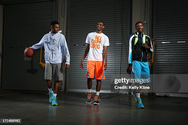 Ohio State basketball commits DeAngelo Russell, Keita Bates-Diop and Jae' Sean Tate pose during a portrait session at the NBPA Top 100 Camp on June...