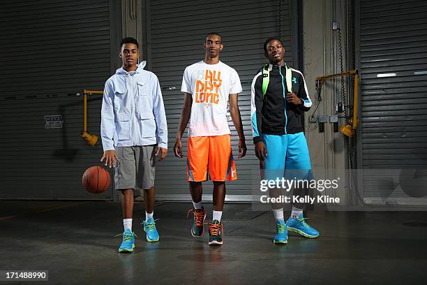 Ohio State basketball commits DeAngelo Russell, Keita Bates-Diop and Jae' Sean Tate pose during a portrait session at the NBPA Top 100 Camp on June...