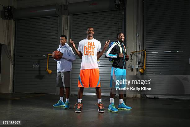 Ohio State basketball commits DeAngelo Russell, Keita Bates-Diop and Jae' Sean Tate pose during a portrait session at the NBPA Top 100 Camp on June...