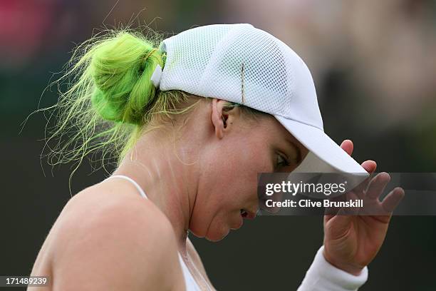 Bethanie Mattek-Sands of the United States of America looks on during her Ladies' Singles first round match against Angelique Kerber of Germany on...